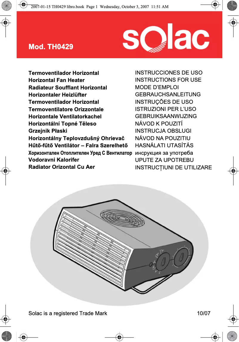 Page 1 de la notice Manuel utilisateur Solac TH0429