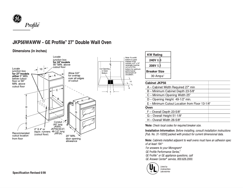 Page n°1 - Fiche technique GE Profile JKP56WAWW