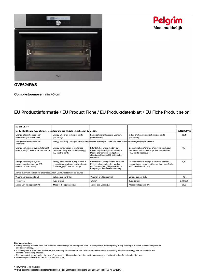 Página 1 del manual Ficha técnica Pelgrim OVS624RVS