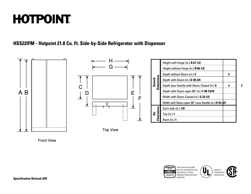 Page 1 de la notice Fiche technique Hotpoint HSS22IFMCC