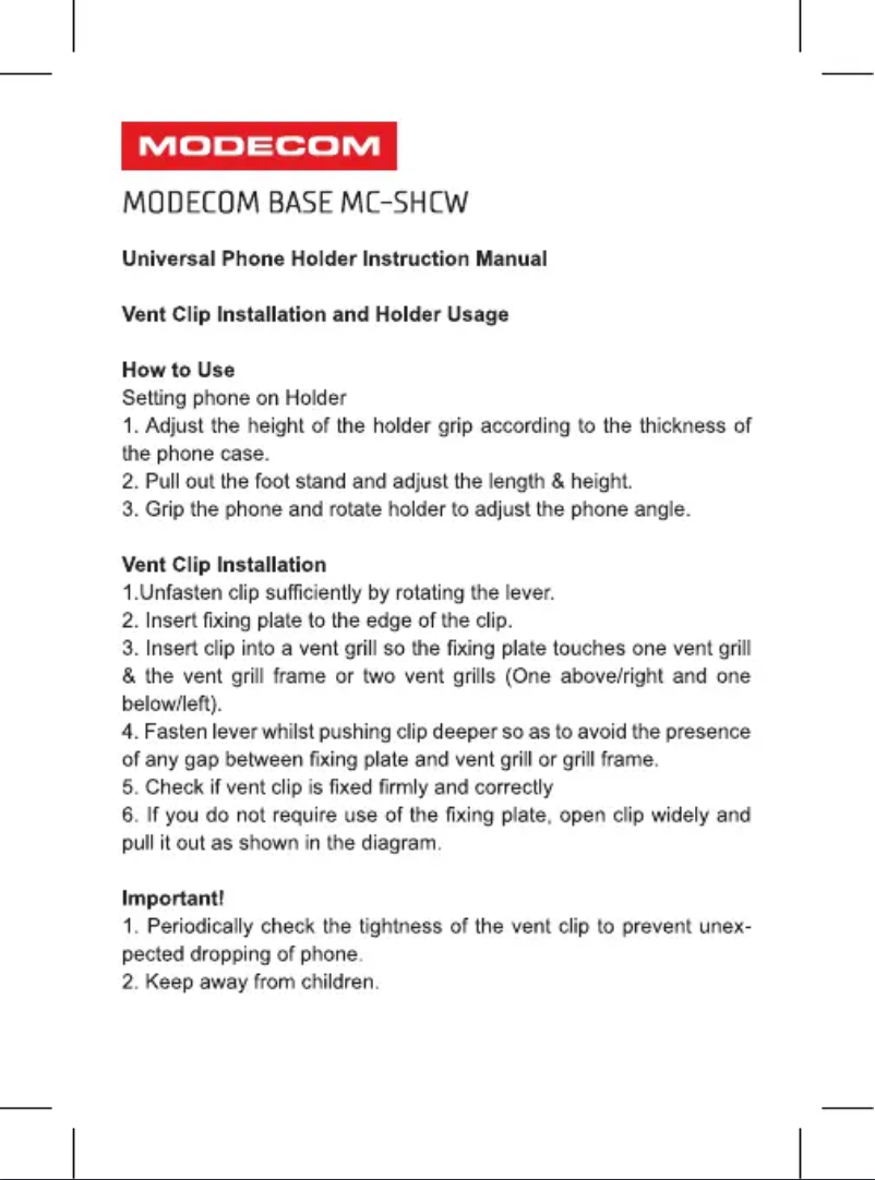 Page 1 de la notice Manuel utilisateur ModeCom MC-SHCW-01