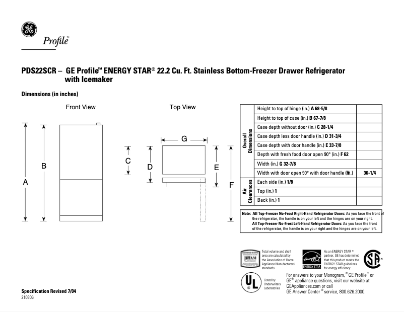 Page 1 de la notice Fiche technique GE Profile PDS22SCRRSS
