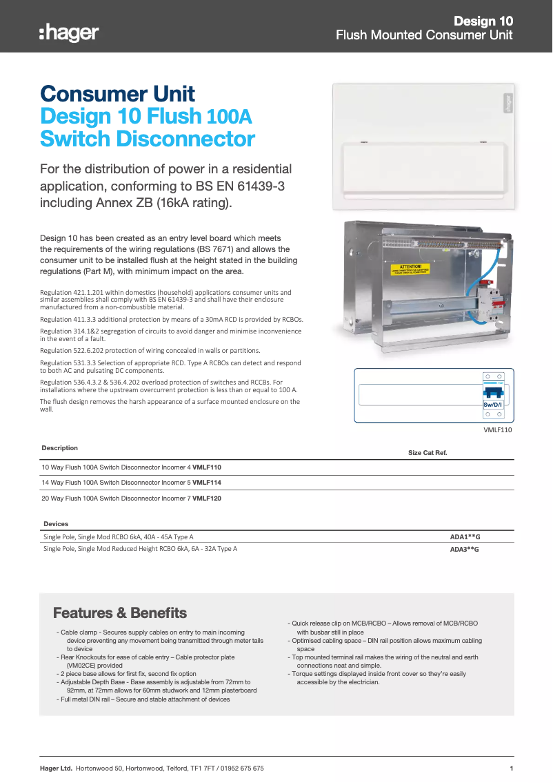 Page 1 de la notice Fiche technique Hager VMLF120