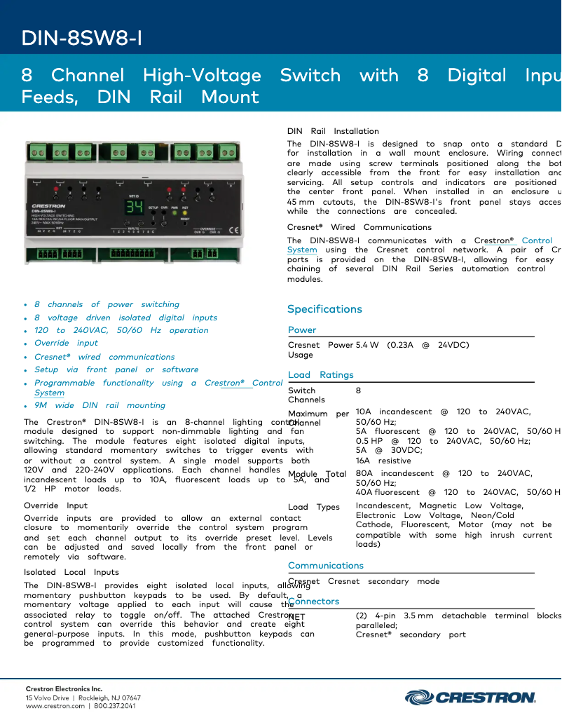 Page 1 de la notice Fiche technique Crestron DIN-8SW8-I