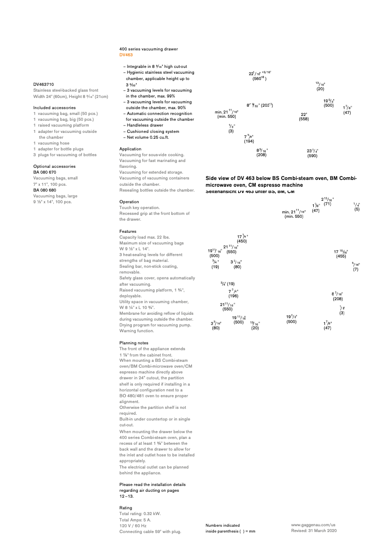 Page 1 de la notice Fiche technique Gaggenau DV463710
