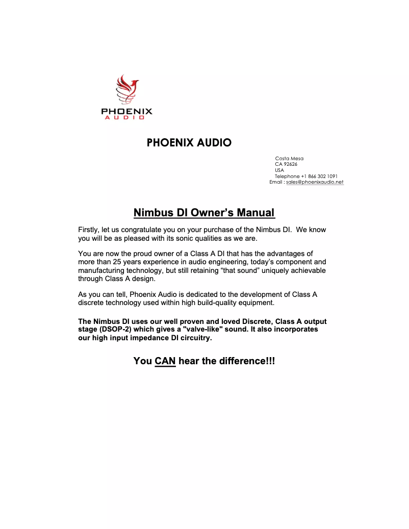 Page 1 de la notice Manuel utilisateur Phoenix Audio Nimbus DI