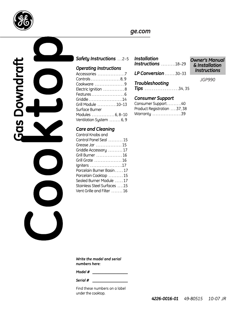 Página 1 del manual Guía de instalación GE Profile JGP990BELBB