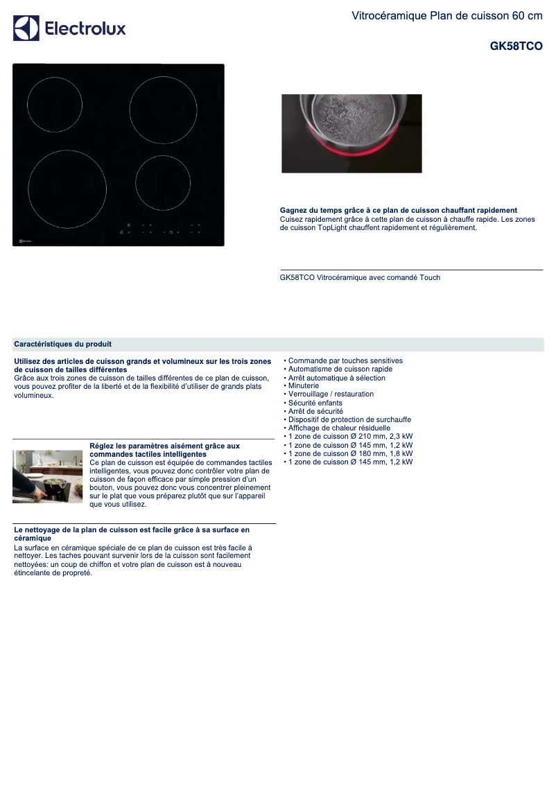 Página 1 del manual Ficha técnica Electrolux GK58TCO