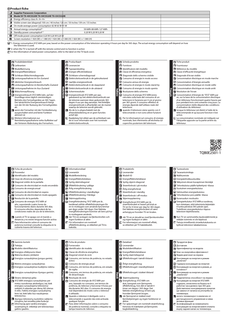 Page 1 de la notice Fiche technique Panasonic Viera TX-50CS520E