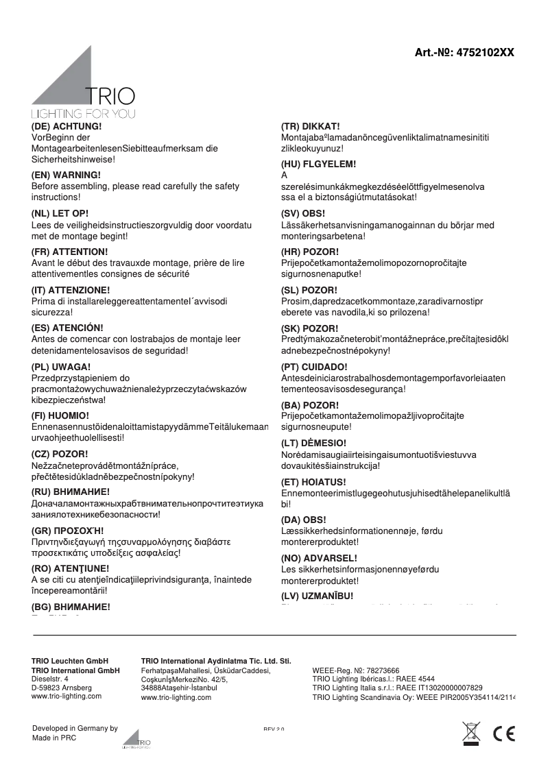 Page 1 de la notice Manuel utilisateur Trio Lighting Nestor 475210289