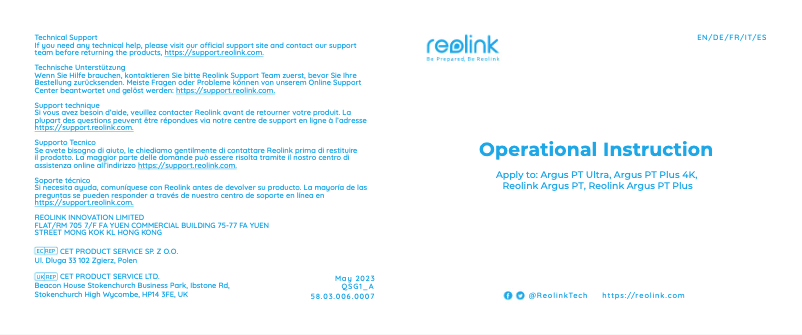 Page 1 of the manual Quick Start Guide Reolink Argus PT