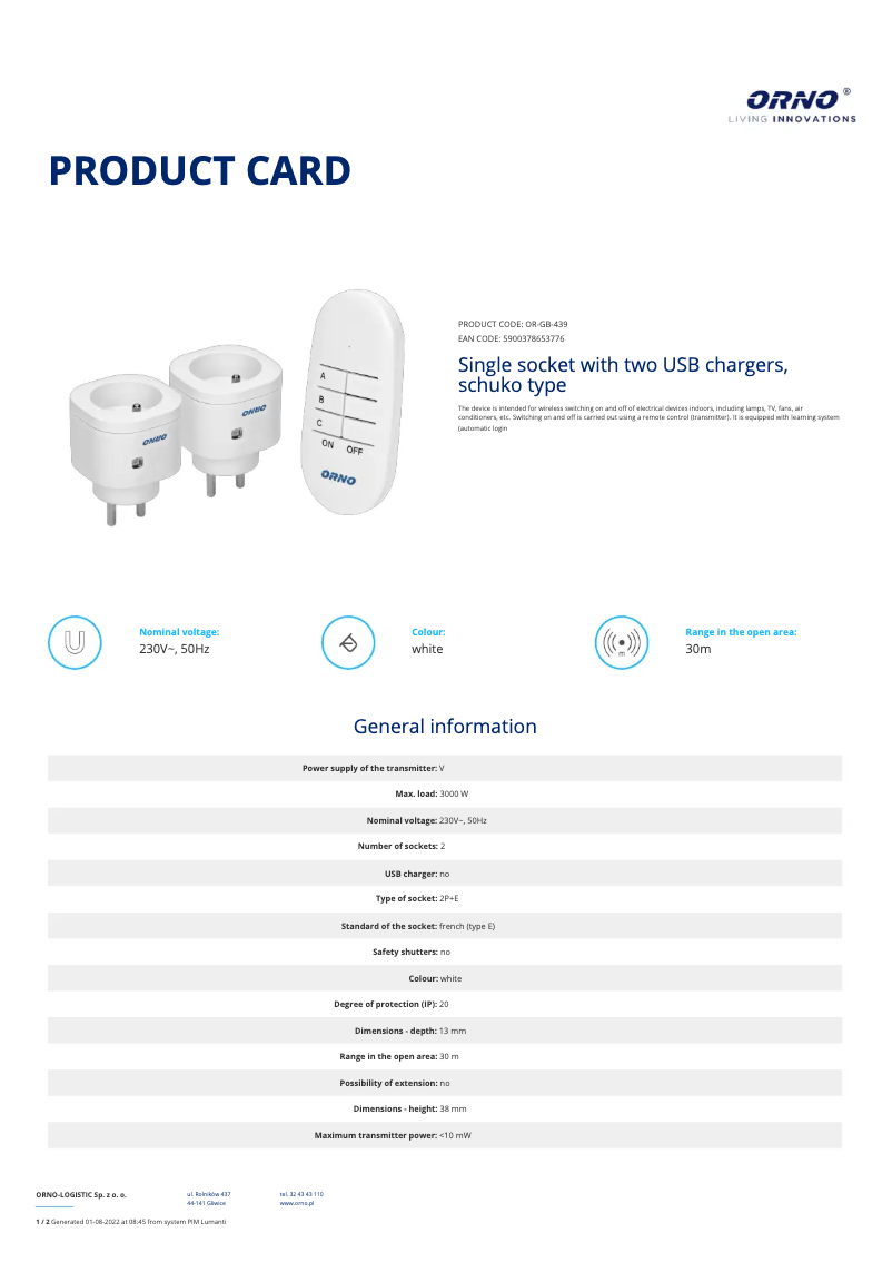 Page 1 de la notice Fiche technique ORNO OR-GB-439