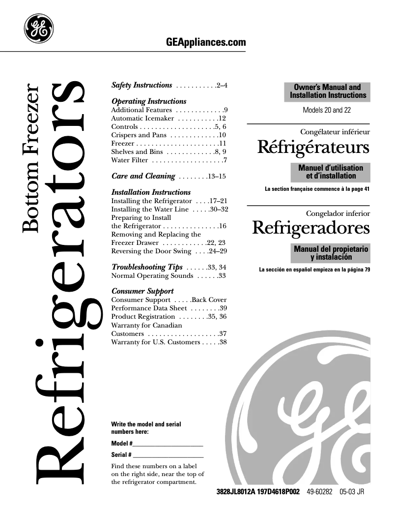 Page 1 de la notice Manuel d'utilisation et d'entretien GE GBS22KBPWW