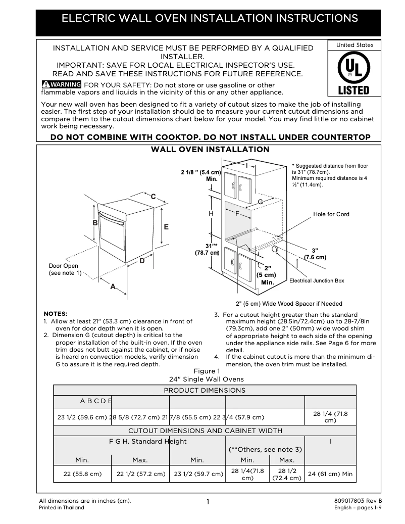 Page 1 de la notice Guide d'installation Frigidaire GCWS2438AW