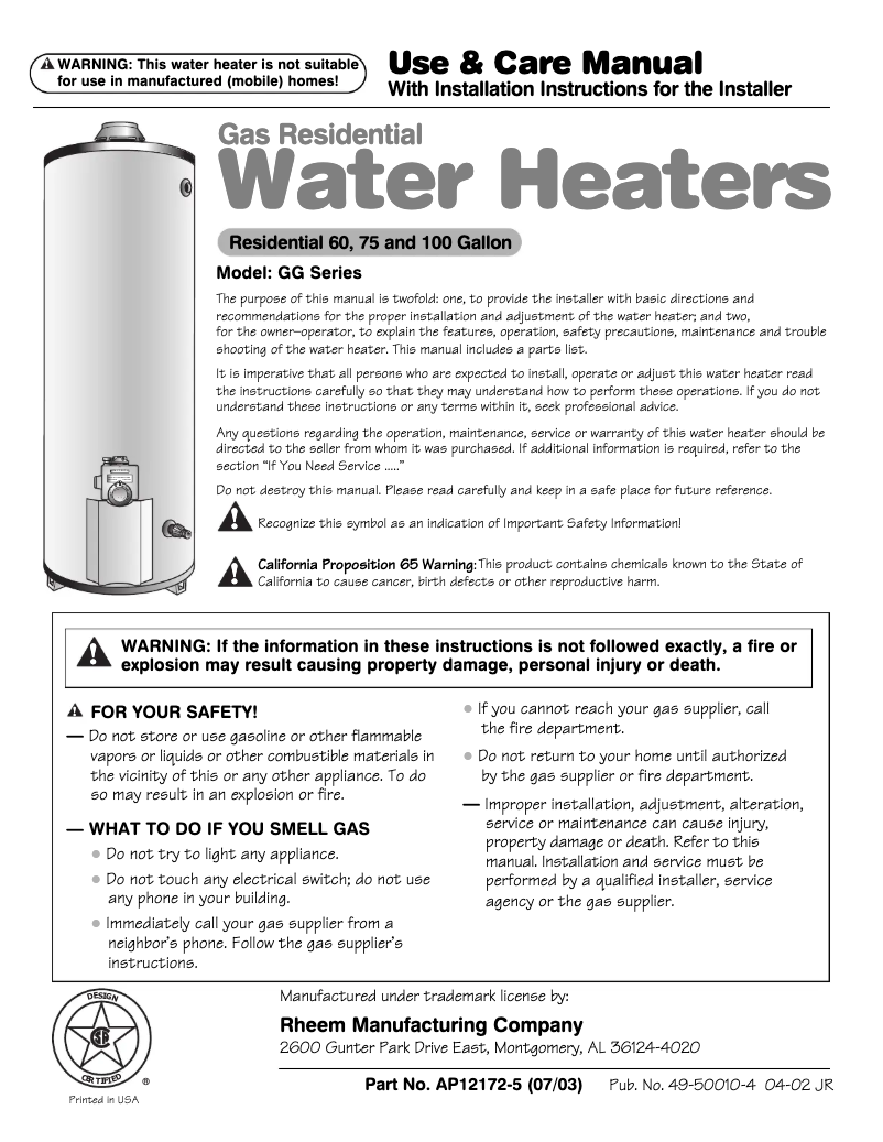 Page n°1 - Manuel d'utilisation et d'entretien GE GG75T06ANF00