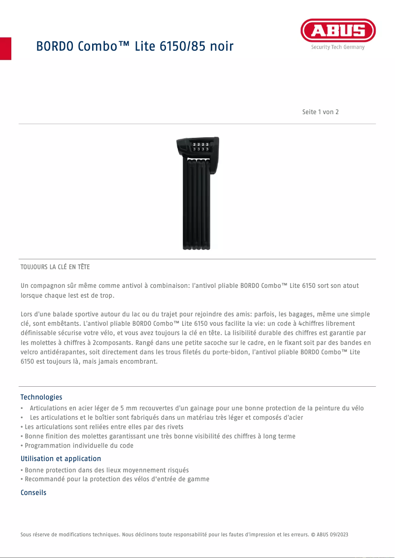 Page 1 of the manual Technical Sheet Abus BORDO Combo Lite 6150
