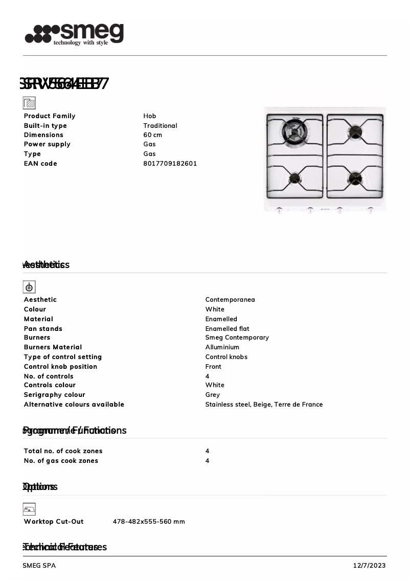 Page 1 de la notice Fiche technique Smeg SRV564EB7