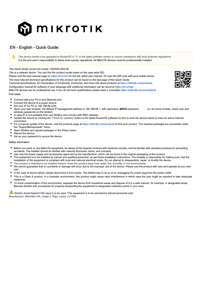 Page 1 de la notice Manuel utilisateur Mikrotik CRS504-4XQ-IN