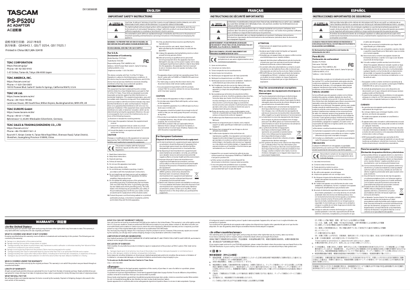 Page 1 de la notice Manuel utilisateur Tascam PS-P520U