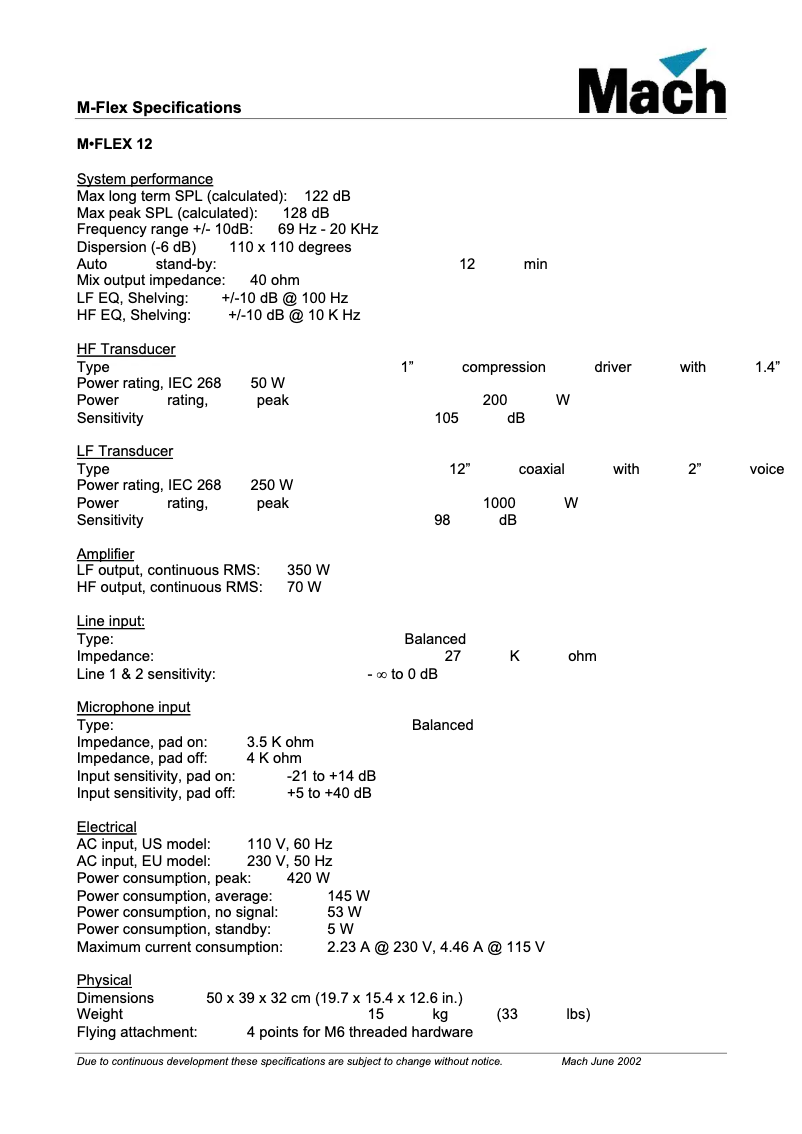 Page 1 de la notice Fiche technique Martin M•Flex 12