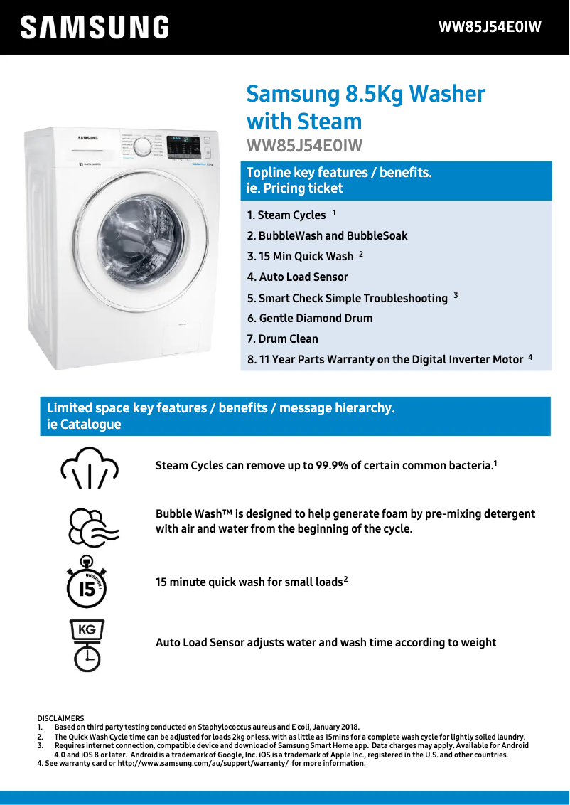 Página 1 del manual Ficha técnica Samsung WW85J54E0IW