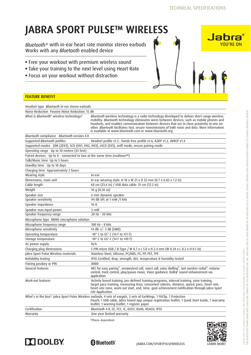 Page 1 de la notice Fiche technique Jabra Sport Pulse Wireless