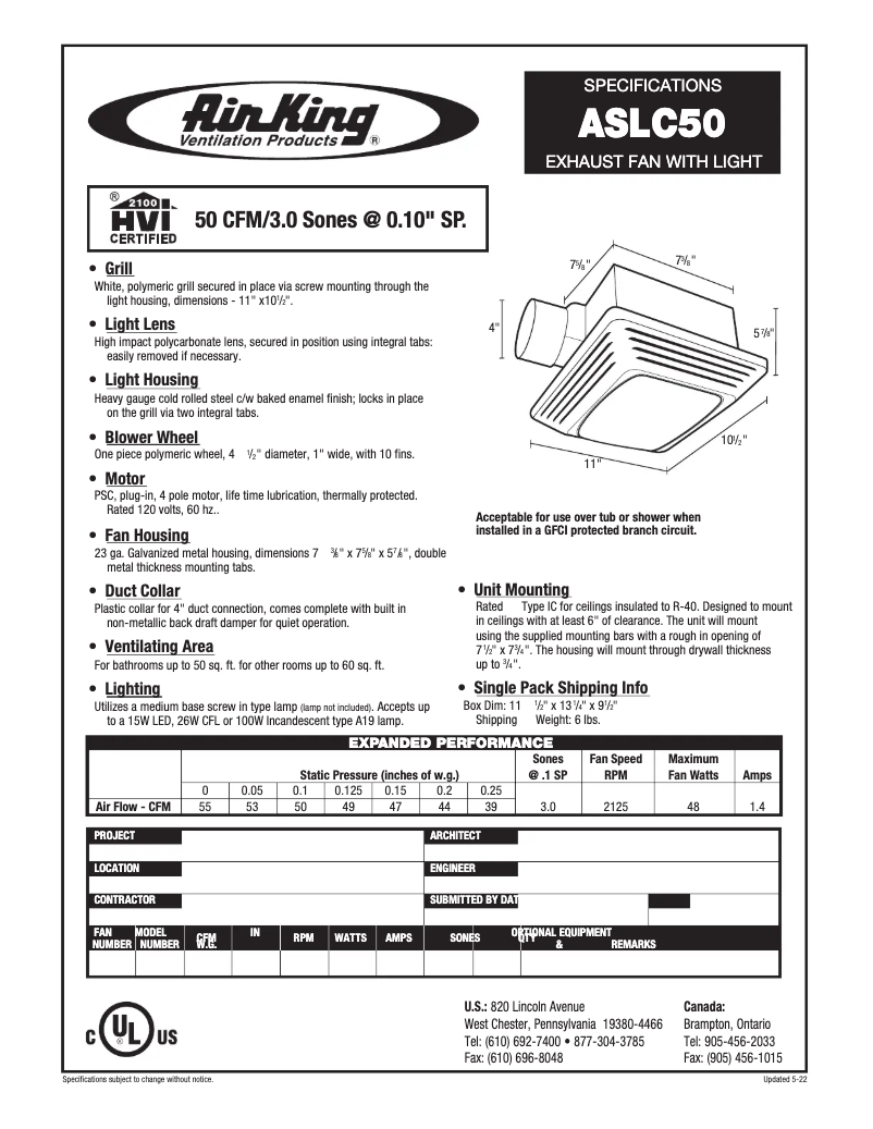 Page 1 de la notice Fiche technique Air King ASLC50