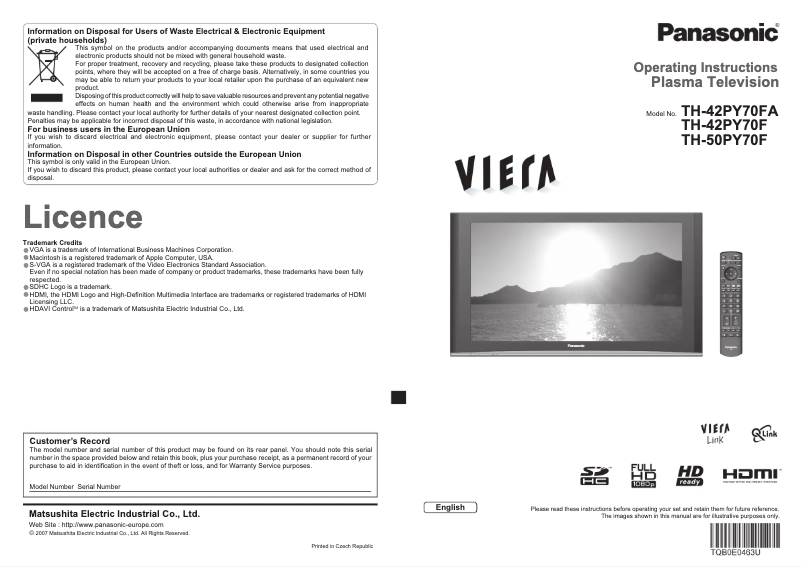 Page 1 de la notice Manuel utilisateur Panasonic Viera TH-42PY70FA