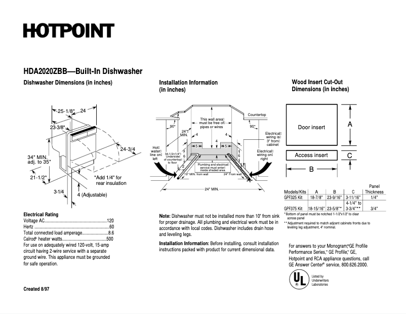 Page n°1 - Fiche technique GE HDA2020ZBB