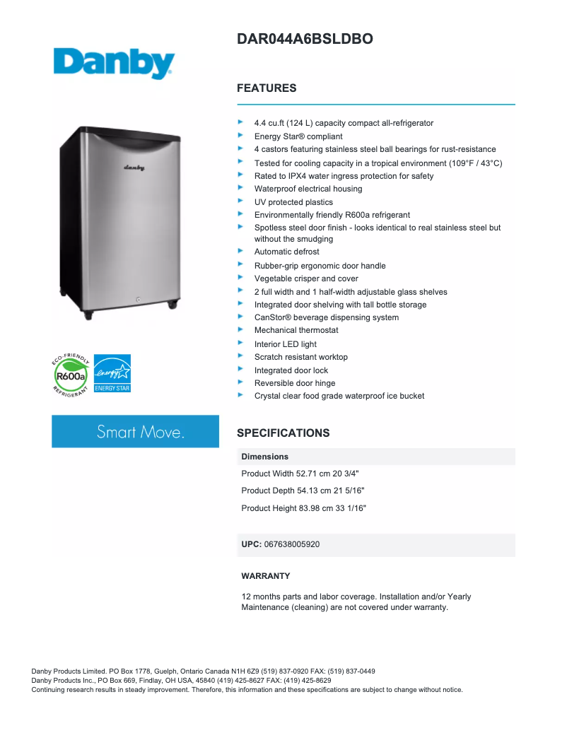 Page 1 de la notice Fiche technique Danby DAR044A6O