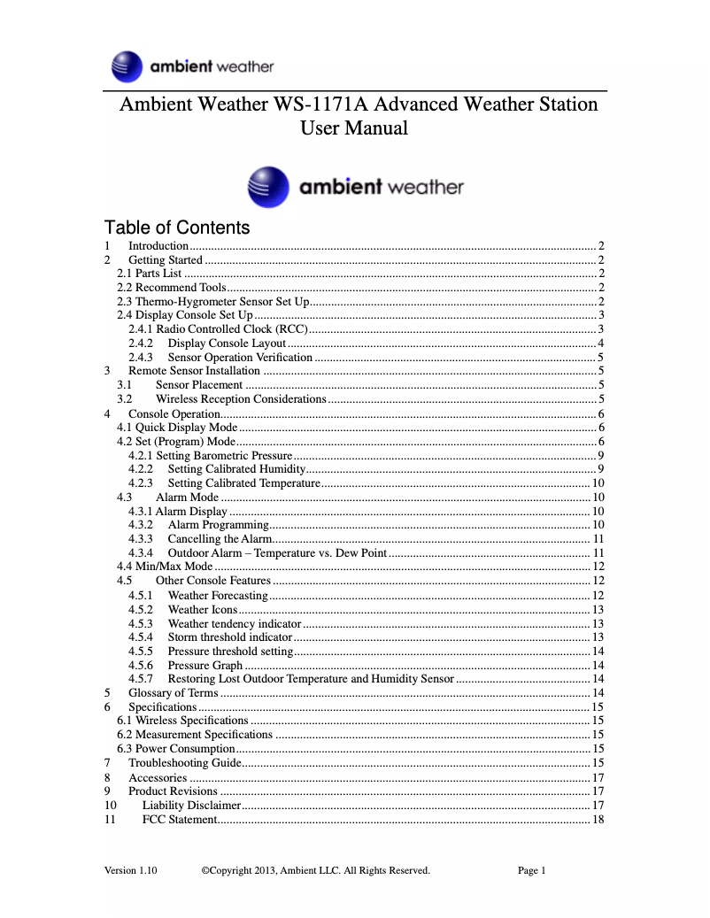 Page 1 de la notice Manuel utilisateur Ambient Weather WS-1171A