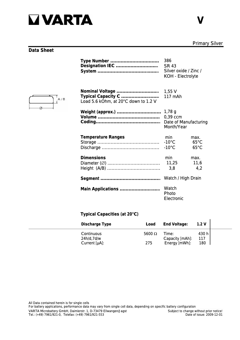 Page 1 of the manual User Manual Varta Primary Silver Button 386
