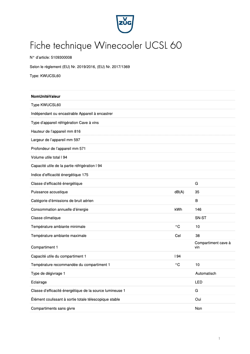 Página 1 del manual Ficha técnica V-Zug Winecooler UCSL 60