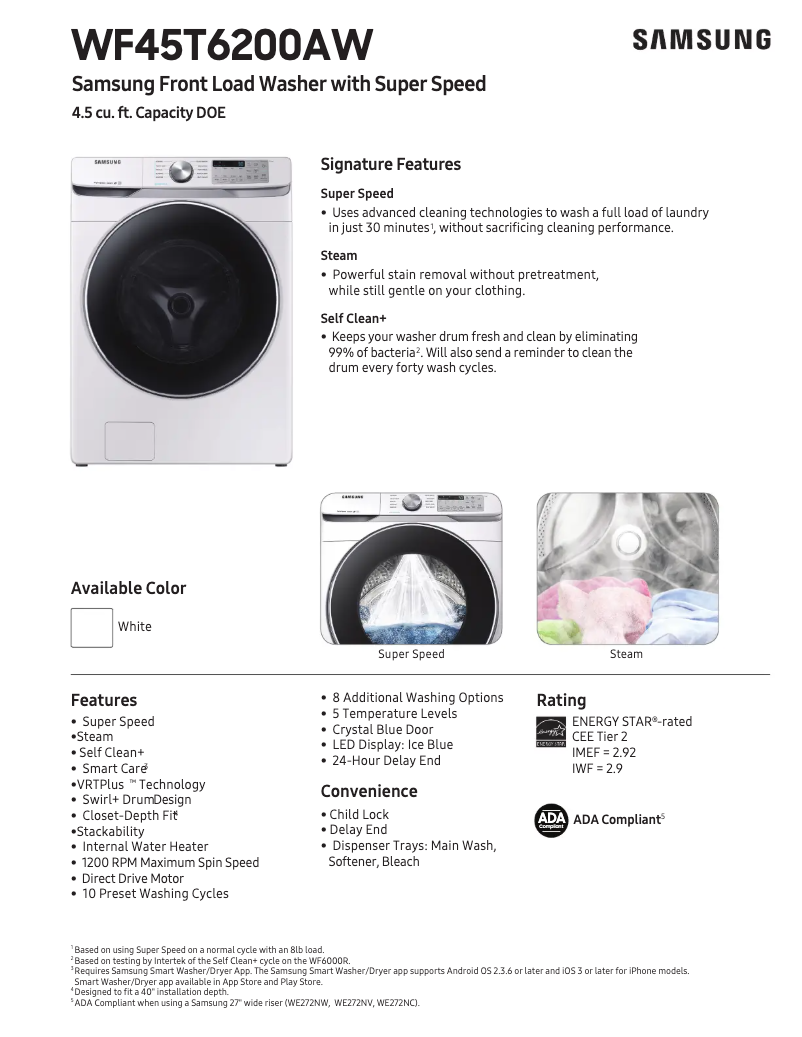 Page 1 de la notice Fiche technique Samsung WF45T6200AW