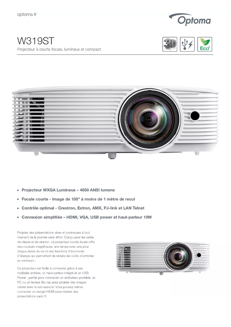 Page 1 de la notice Fiche technique Optoma W319ST