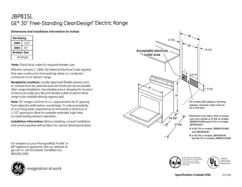 Página 1 del manual Ficha técnica GE JBP81SLSS