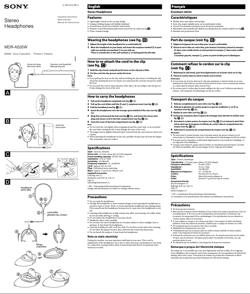 Page 1 of the manual User Manual Sony MDR-AS35W