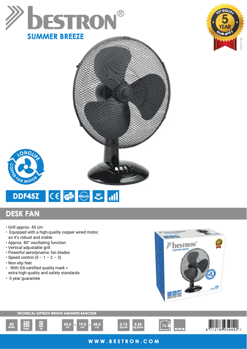 Page 1 de la notice Fiche technique Bestron DDF45Z