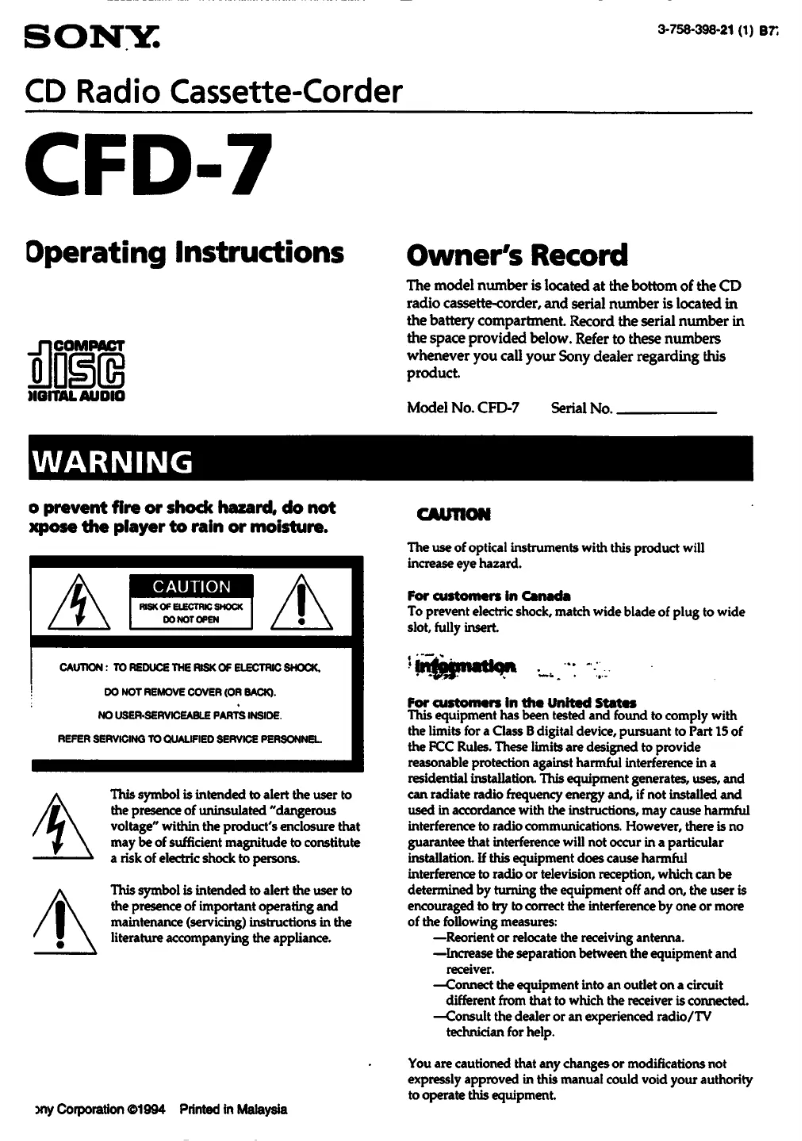 Page 1 de la notice Manuel utilisateur Sony CFD-7
