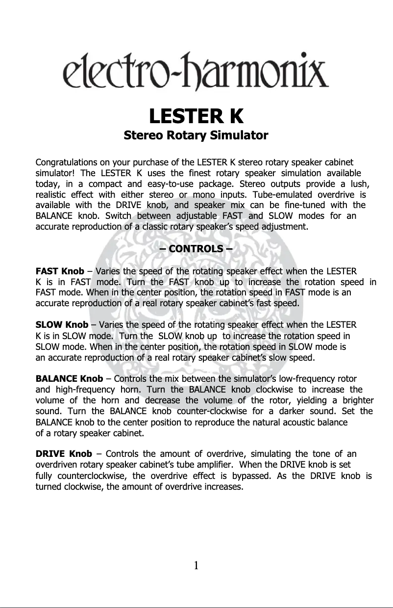 Page 1 de la notice Manuel utilisateur Electro Harmonix Lester K