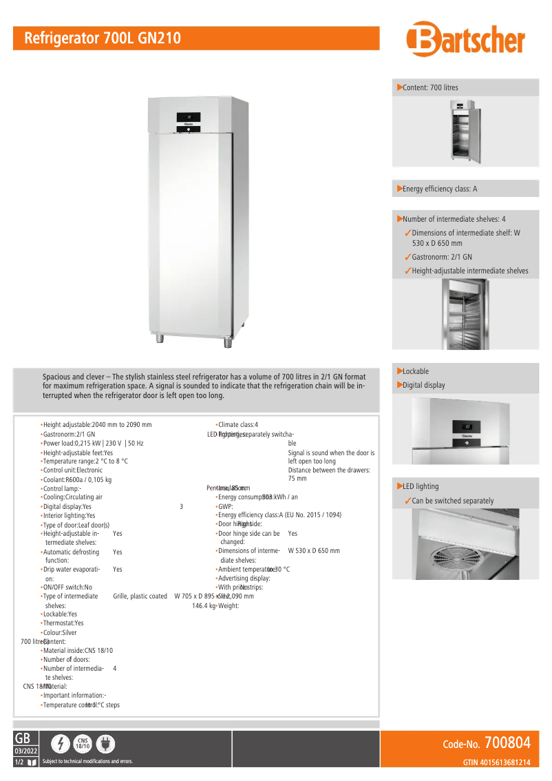 Page 1 de la notice Fiche technique Bartscher 700804