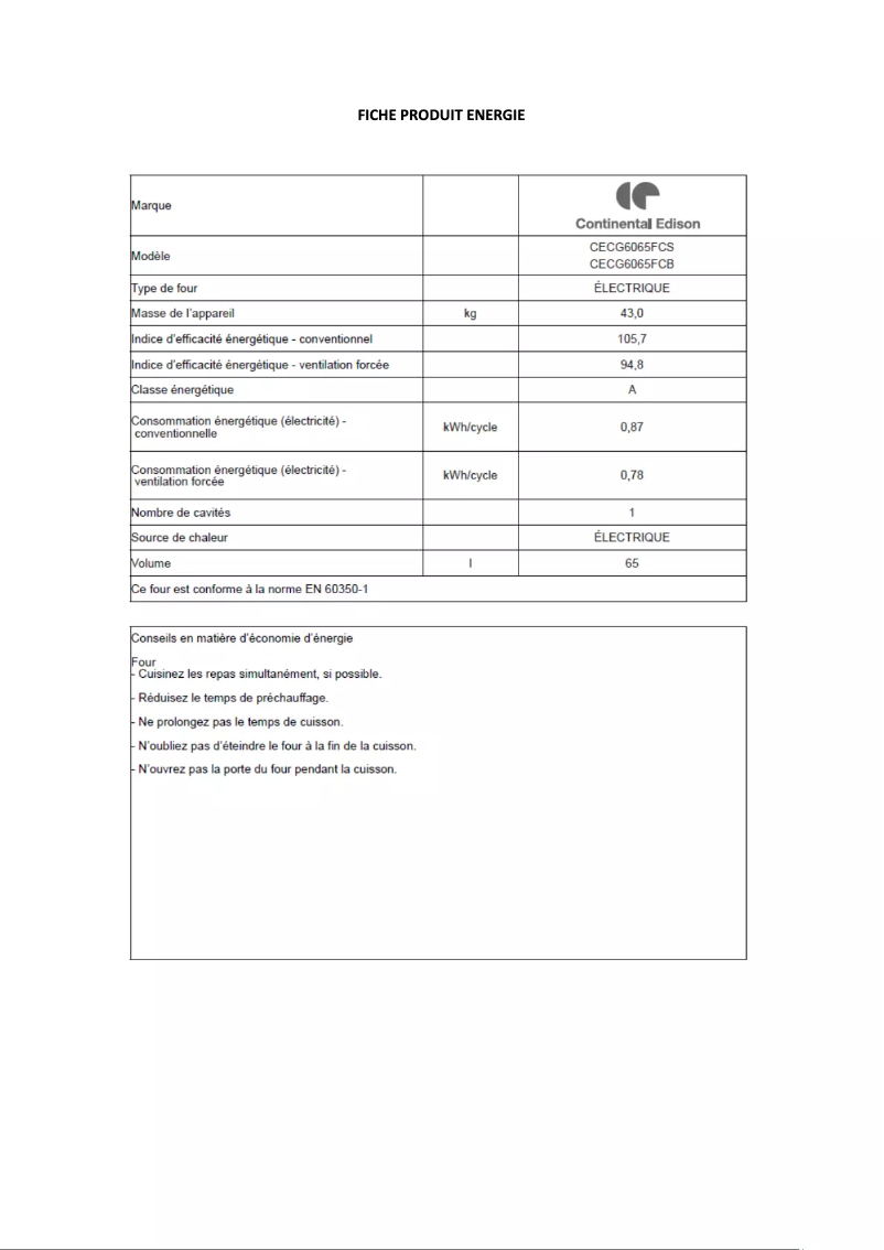 Page 1 de la notice Label énergétique Continental Edison CECG6065FCS