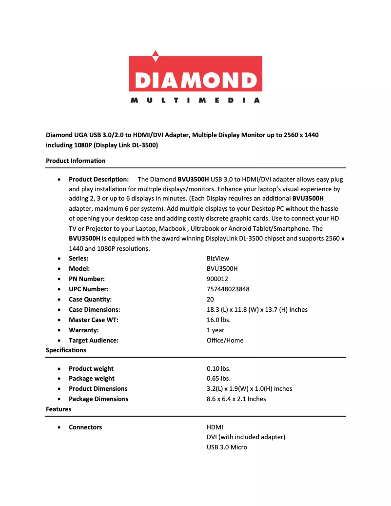Page 1 de la notice Manuel utilisateur Diamond BVU3500H