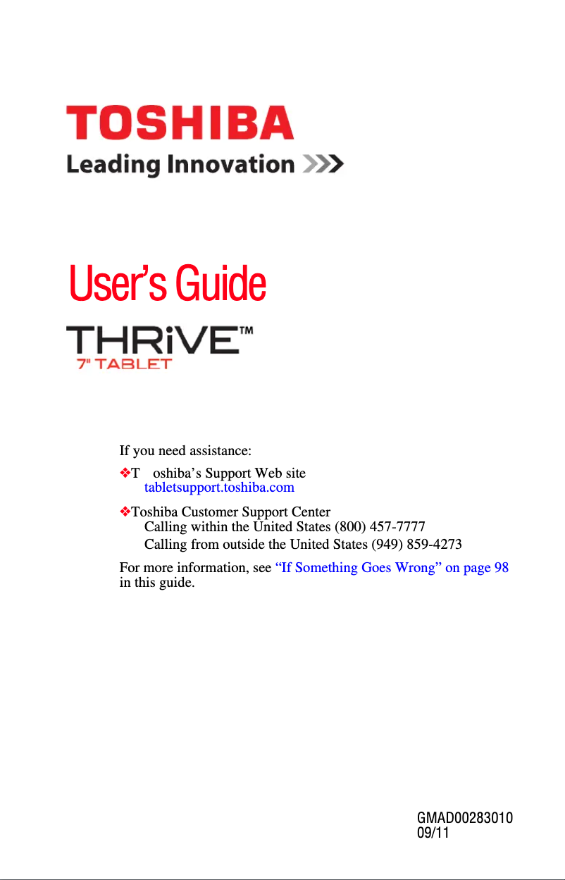 Page 1 de la notice Manuel utilisateur Toshiba Thrive 7 AT1S5