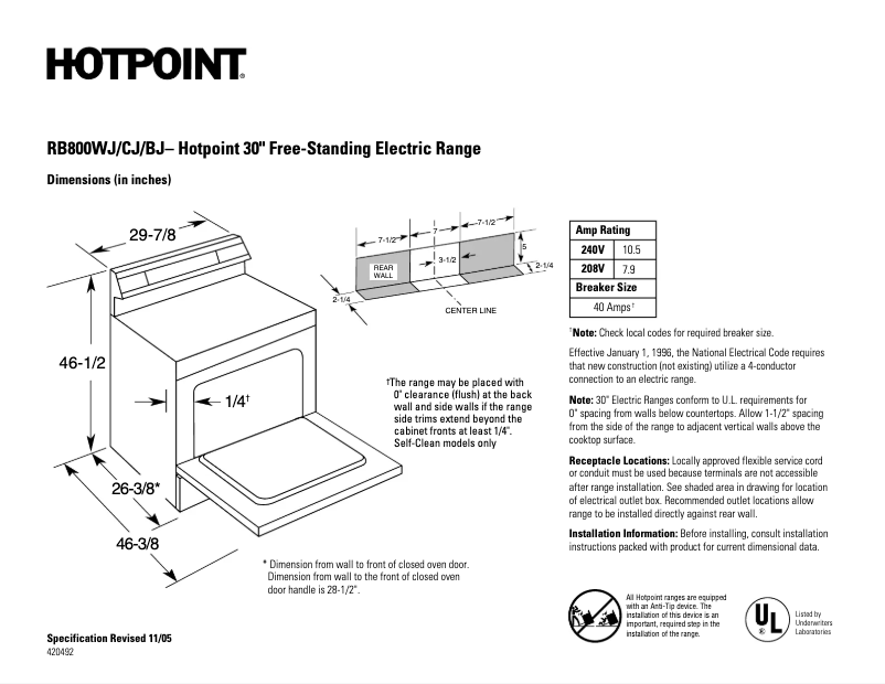 Página 1 del manual Ficha técnica Hotpoint RB800BJBB