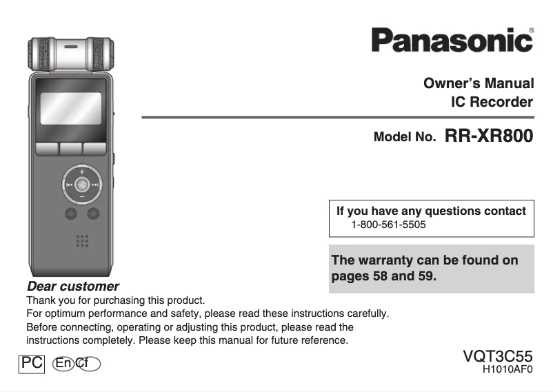 Page 1 de la notice Manuel utilisateur Panasonic RR-XR800