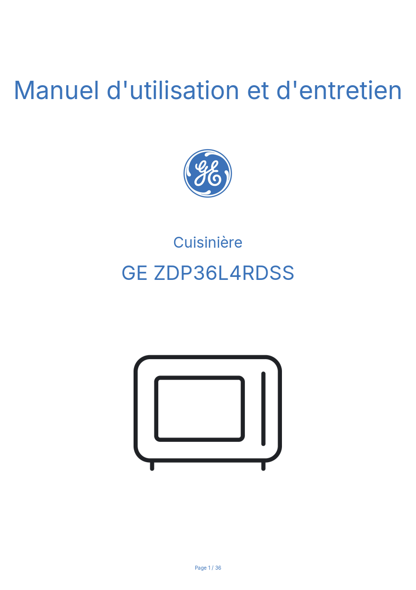 Page 1 de la notice Manuel d'utilisation et d'entretien GE ZDP36L4RDSS