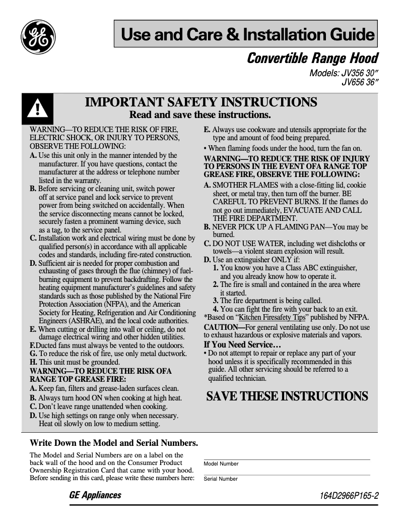 Page 1 de la notice Manuel utilisateur GE JV356VWW