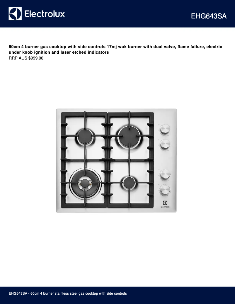 Page 1 de la notice Fiche technique Electrolux EHG643SA