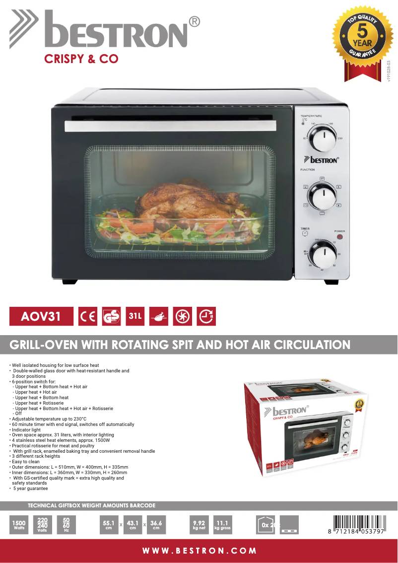 Page 1 de la notice Fiche technique Bestron AOV31